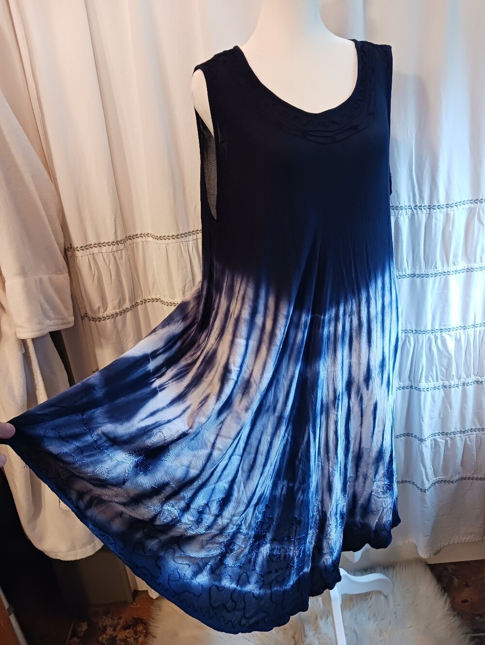 Ana & Rose One Size Plus Midi Mini Dress Navy Tie Dye Lace Back Coastal Indie